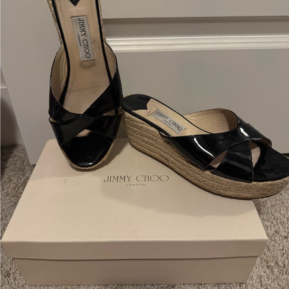 Jimmy Choo Patent Black Leather Wedge Espadrilles